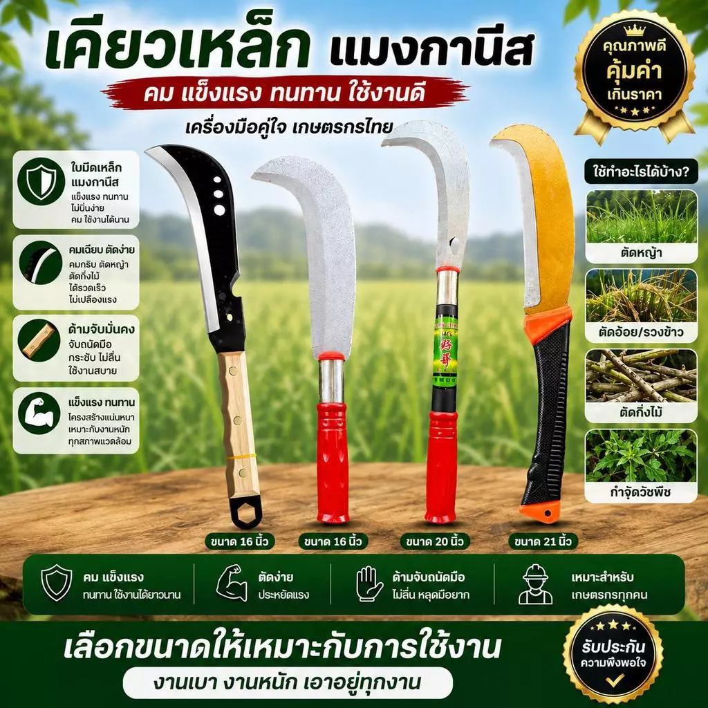 เคียว แมงกานีส เคียวเกี่ยวข้าว เคียวเกี่ยวหญ้า เคียวตัดกิ่ง มี4แบบ ให้เลือกใช้งาน