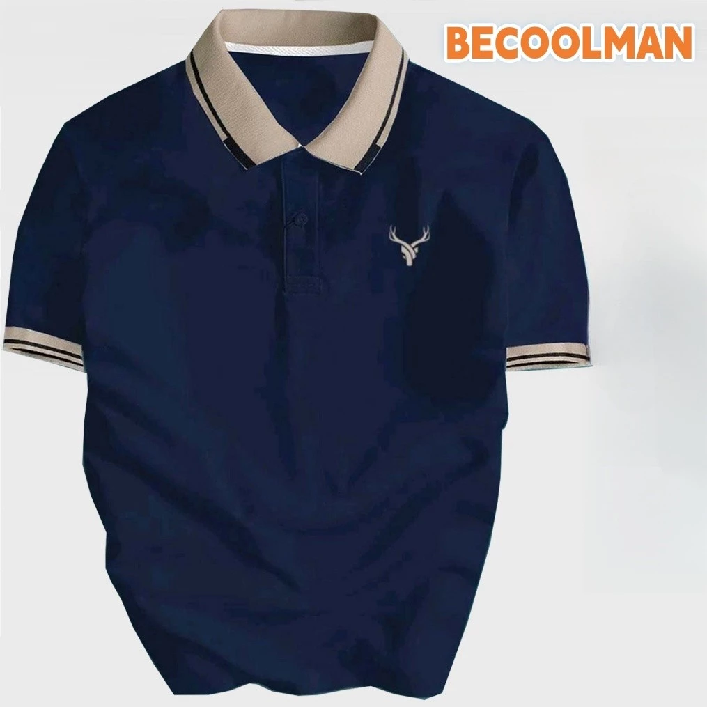BECOOLMAN-สีล้วน สติกเกอร์ขนาดเล็ก ผ้าไหมน้ำแข็ง แขนสั้น ชาย ธุรกิจ แบรนด์ยอดนิยม ปกพับ POLOเสื้อ หลวม ระบายอากาศได้ดี