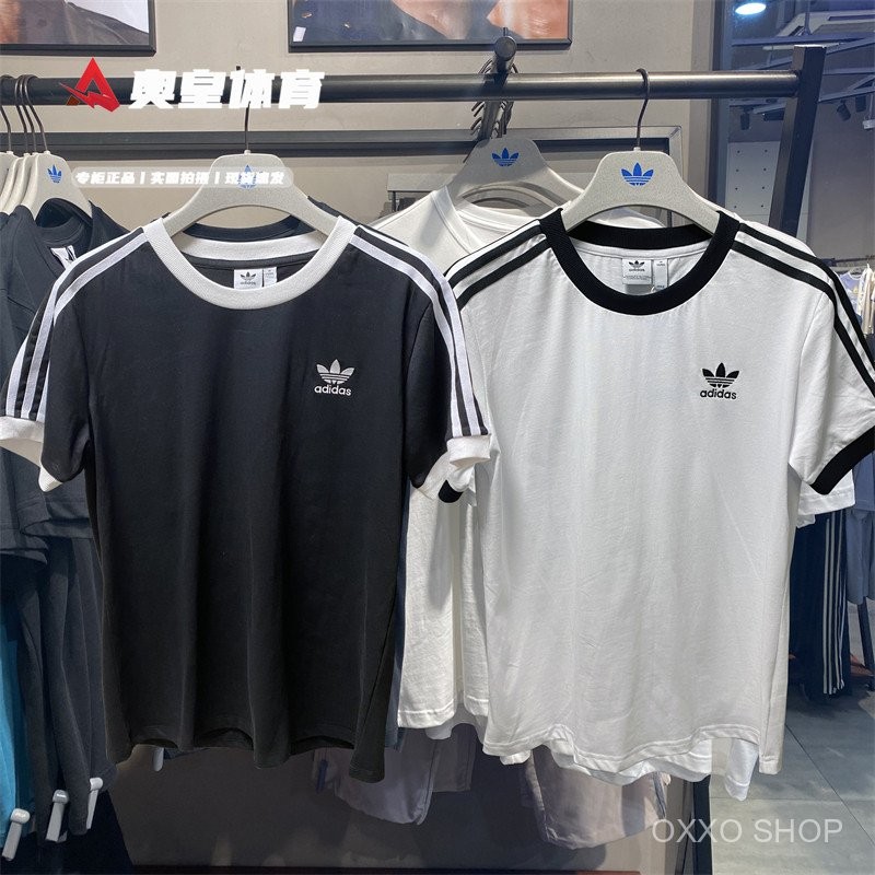 Three Stripes ED7482AdiAdi สีดําสีขาวสไตล์เดียวกันแขนสั้นเสื้อยืดผู้หญิงคลาสสิก jennieED7483 Clover