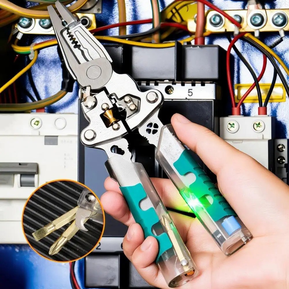 TUOSEN เครื่องทดสอบแรงดันไฟฟ้าคีมปอกสายไฟสําหรับสายเคเบิล, เครื่องมือช่างไฟฟ้าแบบพับได้มัลติฟังก์ชั่น