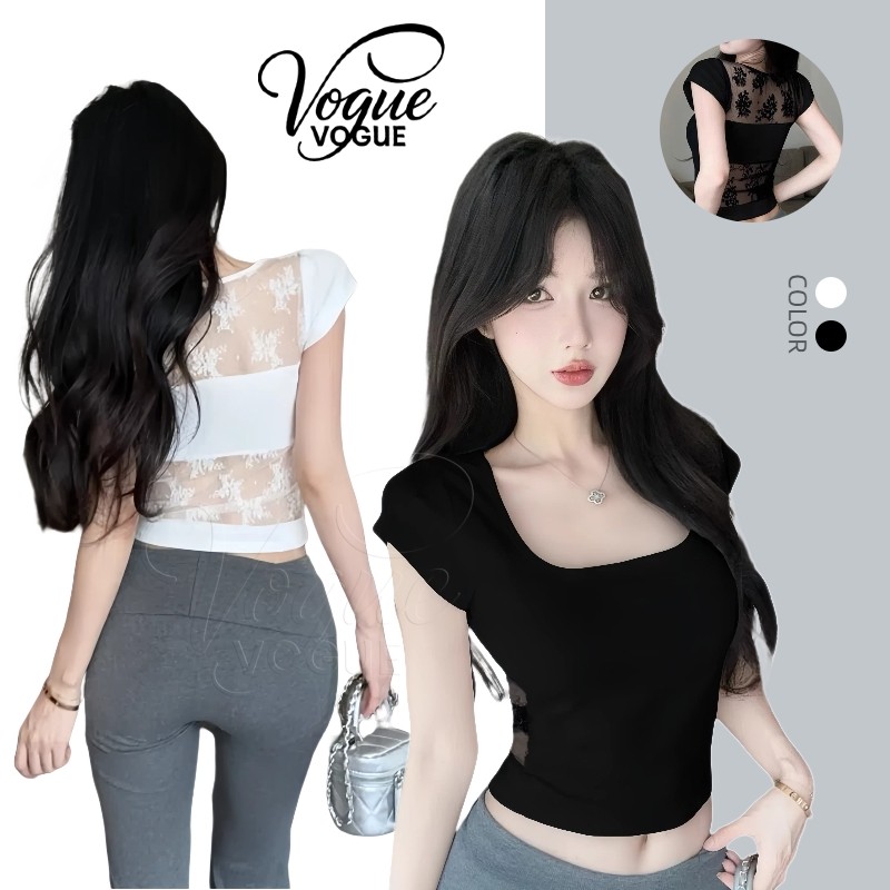 Vogue🌟พร้อมส่ง🌟 เสื้อยืดครอปแขนสั้น ดีเทลซีทรูลูกไม้ สีพื้น ใส่สบายมาก (FYA17)