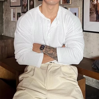 เสื้อ Henley สไตล์แคชวล เสื้อยืดแขนยาวทรงหลวม ระบายอากาศได้ดี เหมาะสำหรับสวมใส่ทุกวัน