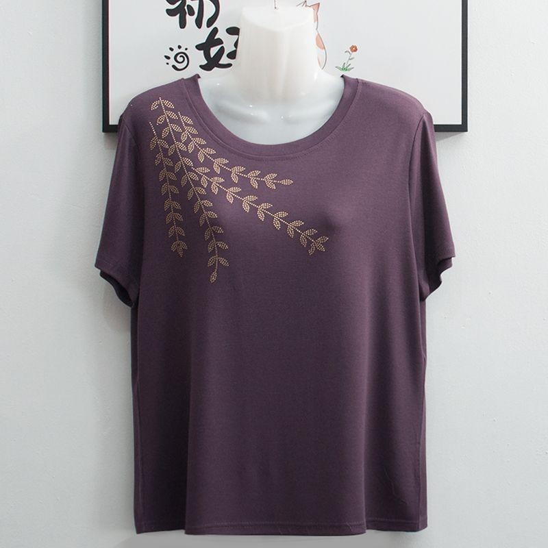 แม่วัยกลางคนผู้สูงอายุสวมเสื้อยืดแขนสั้นบางหลวมครึ่งแขนสไตล์ตะวันตกรอบคอ Modal Top 9.3 tg