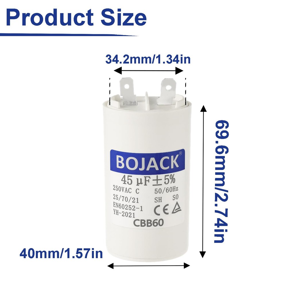 BOJACK 45uf 45MFD uF CBB60 เครื่องซักผ้า Run Capacitor มอเตอร์ Run Capacitor ความถี่ 50/60Hz 250VAC 