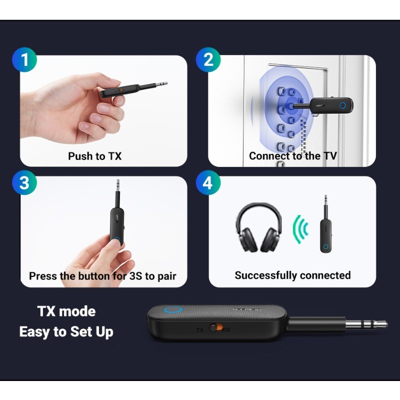 UGREEN 2-in-1 อะแดปเตอร์บลูทูธเครื่องส่งสัญญาณบลูทูธ AUX 5.0 ไร้สาย 3.5 มม.อะแดปเตอร์สเตอริโอสําหรับหูฟังทีวีเครื่องเสียงรถยนต์ - รูปที่ 3