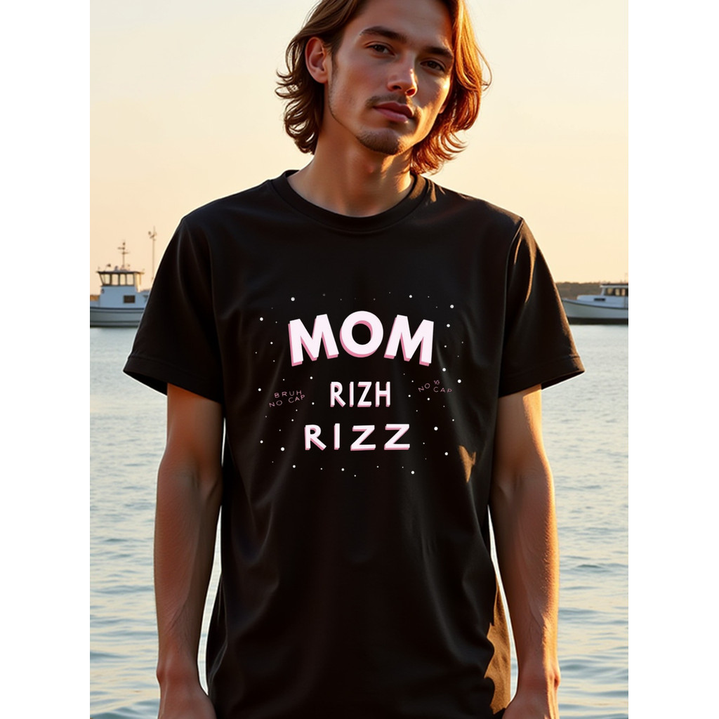 MERAH MESIN เสื้อยืดผู้ชายขนาดใหญ่ลาย - Rizh Rizz พิมพ์เสื้อยืดออกกําลังกายลําลองพร้อม O-คอแขนสั้นระ