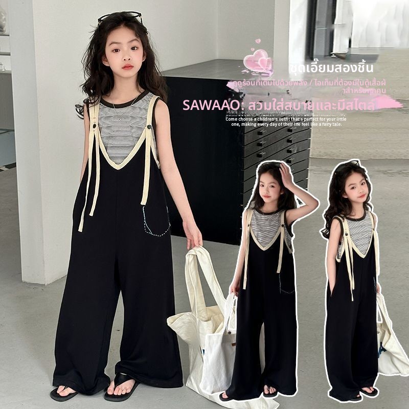 ชุดเซ็ตเด็กผู้หญิง สไตล์เกาหลี กางเกงเอี๊ยมลายแฟชั่น ใส่สบาย เหมาะสำหรับฤดูร้อน