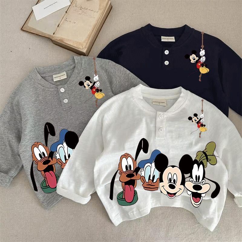 เสื้อโปโลแขนยาวผ้าฝ้ายแท้ สไตล์เกาหลี ลายการ์ตูنمิกกี้ คอวี ใส่สบาย เหมาะสำหรับฤดูใบไม้ผลิและฤดูใบไม้ร่วง