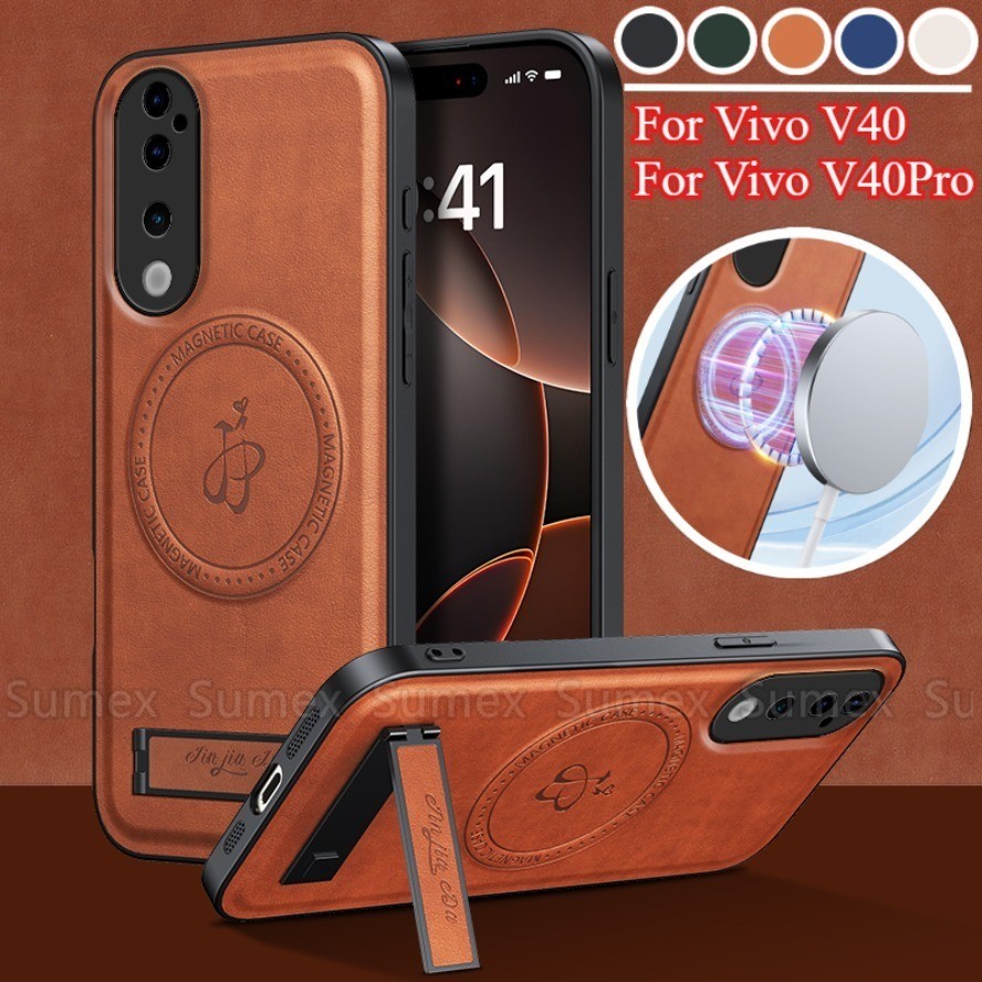 Stand Holder เคสหนังสําหรับ Vivo V40 Pro Vivov40 5G แหวนชาร์จแม่เหล็กปลอกธรรมดาวงเล็บโทรศัพท์กันกระแ