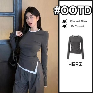 Atasan wanita lengan panjang slim fit tidak beraturan korean bulat ramping grey t-shirt ketat cewek