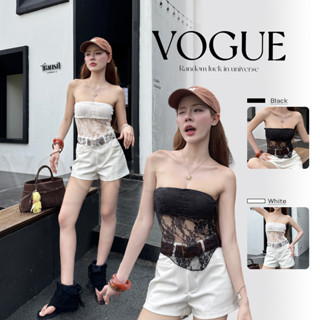 Vogue🌟พร้อมส่ง🌟 เสื้อเกาะอก ดีเทลายลูกไม้ขาวดำ ผ้านิ่มยืดพอด…