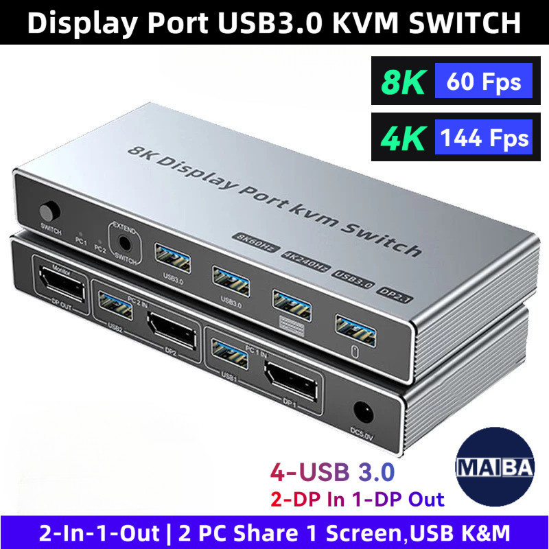 8K Displayport KVM Switcher 2 Input 1 output Displayport USB KVM 2x1 8K 60Hz DP USB KVM Switch สําหร