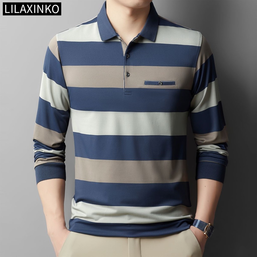 เสื้อโปโลแขนยาวลายทางสำหรับผู้ชาย แต่งตัวคลาสสิกสำหรับใส่ลำลอง