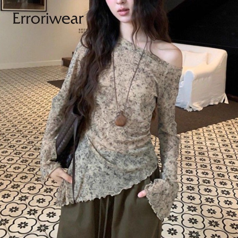 เสื้อแฟชั่นหนึ่งไหล่แขนยาว พิมพ์ลายดอกไม้แบบตาข่าย ดูผ่านและเซ็กซี่ เหมาะสำหรับวันหยุด