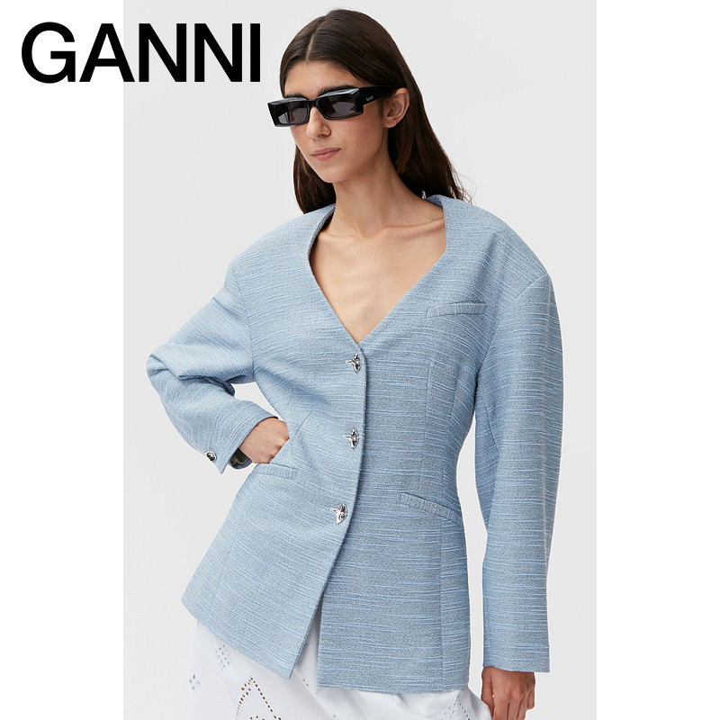 เสื้อเบลาส์คอวีแขนตุ๊กตาผู้หญิง Ganni