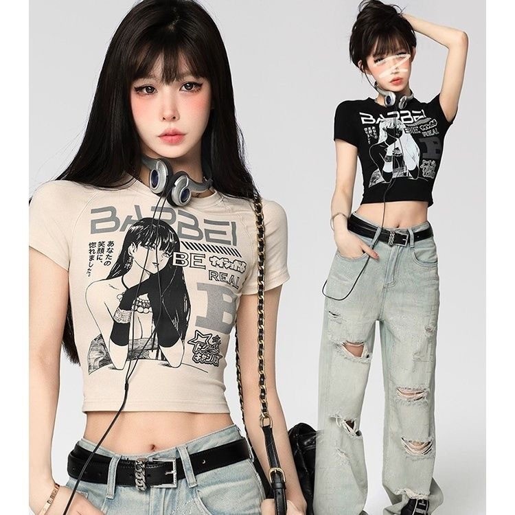 Hotgirl พร้อมส่งจากกทม Y2Kเสื้อครอป crop top เสื้อครอปเซ็กซี่ย้อนยุคสไตล์อเมริกันสำหรับผู้หญิง