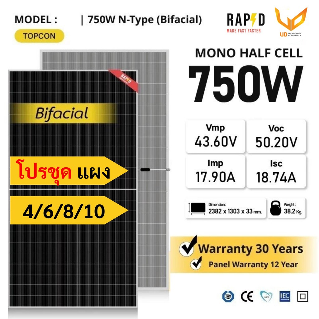 ส่งฟรี RAPD โปรชุดแผงโซล่าเซลล์ 750W Mono Half cell (N-Type) แผงโมโนฮาฟเซลล์ รับประกัน 12 ปี
