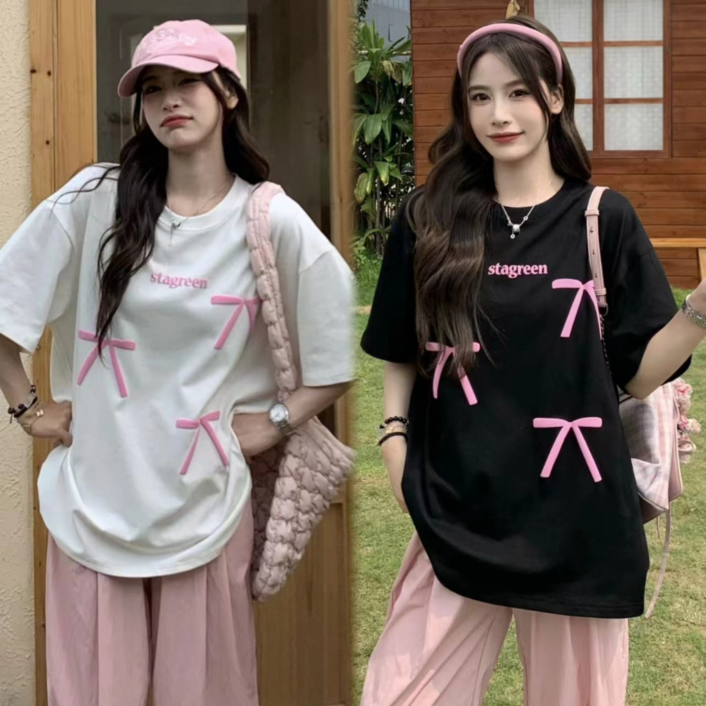 Hotgirl พร้อมส่ง เสื้อยืด oversize เสื้อยืดขาวแขนสั้นแฟชั่นผู้หญิง พิมพ์ลายโบว์ลำลองทรงหลวม แมทช์ได้หลายสไตล์