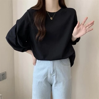 Bella เสื้อยืดแขนยาวผู้หญิงสไตล์เกาหลี ลำลองทรงหลวม สวมใส่สบาย เสื้อยืดแขนบอลลูนแฟชั่นมาใหม่สวยๆ สีพื้น