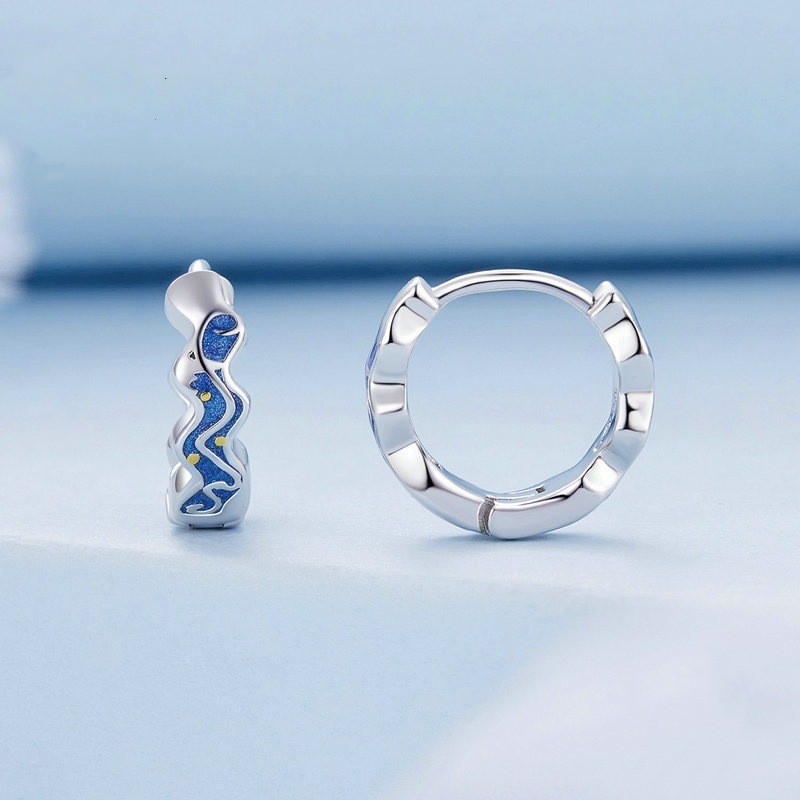 Van Gogh Starry Sky Ear Buckle น้ํามันคลื่นสีฟ้าหยด Night Sky Starlight ต่างหู