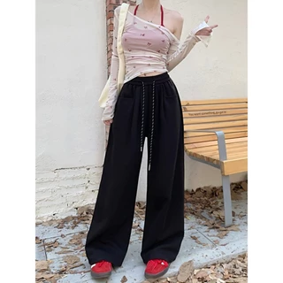 Hotgirl พร้อมส่ง กางเกงวอร์มผู้หญิง กางเกงขายาว ใส่แล้วดูผอม รุ่นสูง ขากว้างทรงตรง สีพื้น ดีไซน์เชือกรูด