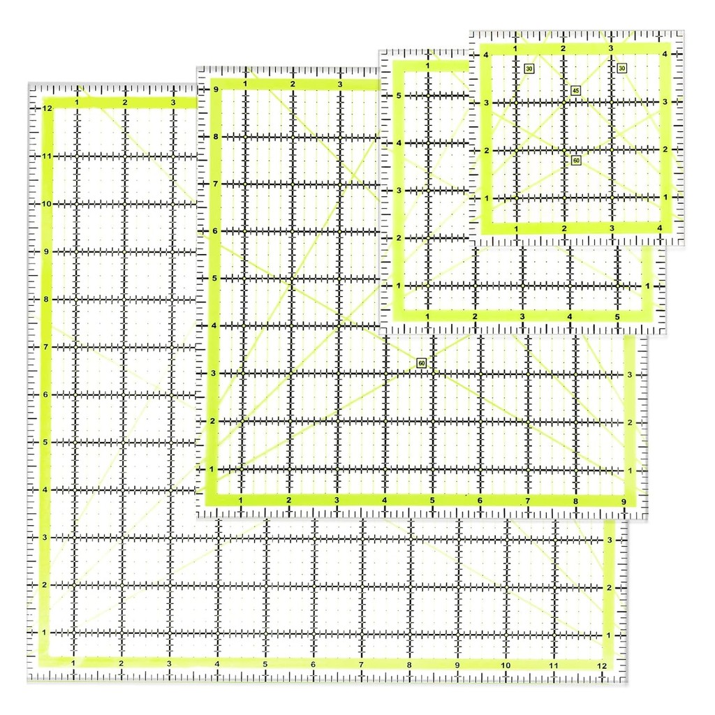 UOOU ไม้บรรทัดควิลท์ 4 แพ็ค, ไม้บรรทัดควิลท์ (4.5"X4.5", 6"X6", 9.5"X9.5", 12.5"X12.5") แม่แบบผ้านวม