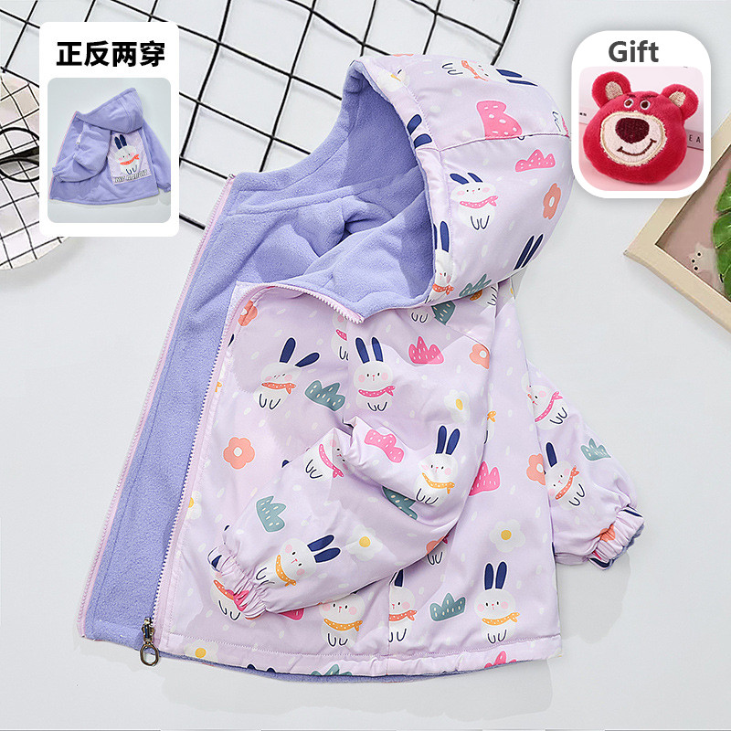 เสื้อสเวตเตอร์ถักสำหรับเด็กฤดูใบไม้ผลิและฤดูใบไม้ร่วง Girls บวกกำมะหยี่สวมสองด้านแจ็คเก็ตการ์ตูนเด็กสไตล์ตะวันตก
