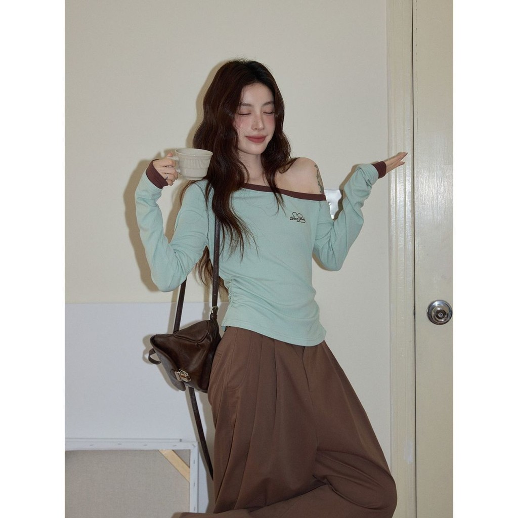 เสื้อคลุมเปิดไหล่สีเขียวแขนยาว สไตล์เกาหลี สำหรับผู้หญิง ฤดูใบไม้ร่วง