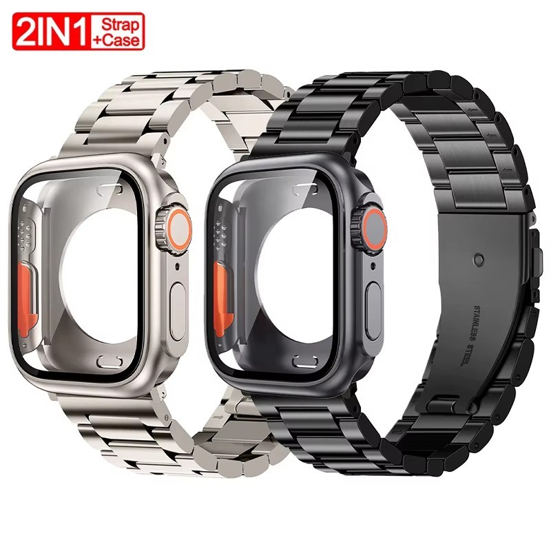 โลหะสายสแตนเลส + เคส PC เต็มรูปแบบ สําหรับ Apple Watch Series 11/10/9/8/7/6 SE 46/45/44/42/41/40 มม.