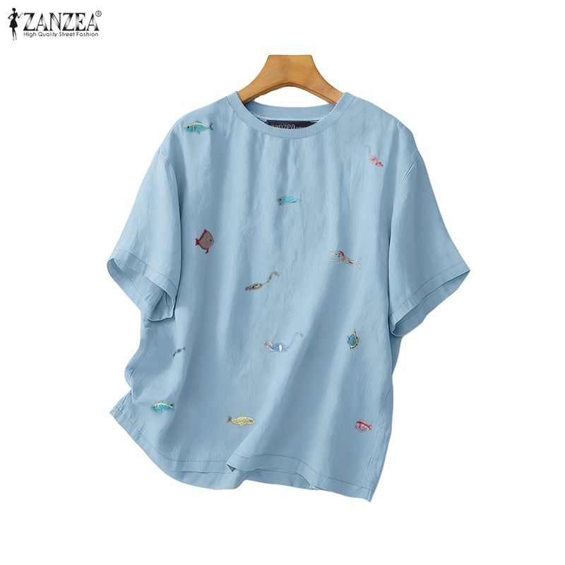 ZANZEA เสื้อยืดการ์ตูนปักคอกลมแขนสั้นสําหรับผู้หญิงเกาหลี