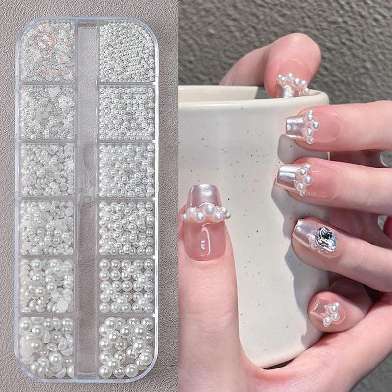 [maybeauty] 12Grids 3D Mixed White Pearls Nail Charms 0.15-0.5 มม.รอบลูกปัด/ครึ่งวงกลมเล็บ Rhinestones DIY อุปกรณ์ทําเล็บ {TH}