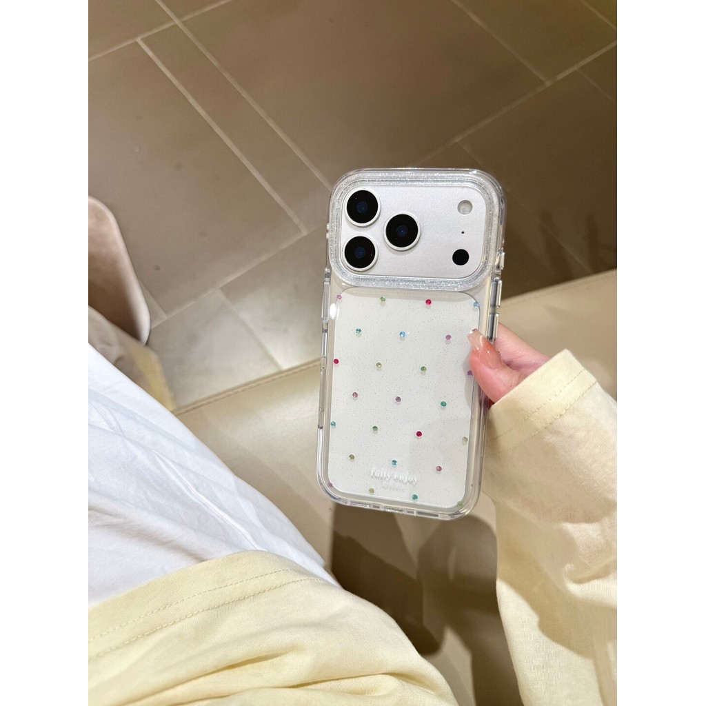Caseon Simple ins สีสัน Dot เพชรรอบขอบถุงลมนิรภัย Shock-proof เคสโทรศัพท์เหมาะสําหรับ 17promax/16 กระพริบสีสันกระพริบเพชรขนาดเล็ก Polka Dot iPhone 17Pro