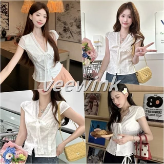 Veewink เสื้อเชิ้ตสไตล์ฝรั่งเศส ลายลูกไม้เย็บปักถักร้อย โบว์คอ เนื้อผ้าโปร่งแสง สีขาว ใส่น่ารักสดใส