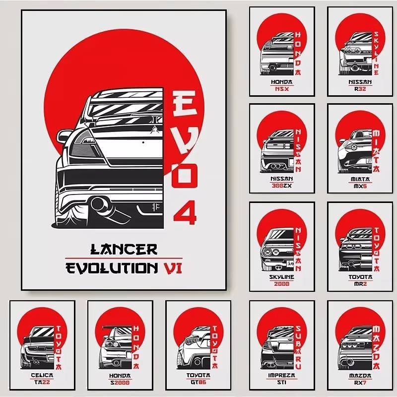 โปสเตอร์ผ้าใบศิลปะรถสปอร์ต JDM 80s: Nissan Skyline R34 & Mazda RX7, พิมพ์กันน้ํา matte ตกแต่งผนังบ้านหรือโรงรถ