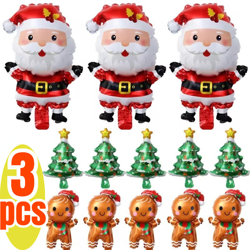 1/3PCS ฟิล์มอลูมิเนียม Xmas Tree Holiday Party Decor - Mini Christmas ฟอยล์บอลลูน - Gingerbread Man Santa Claus บอลลูนพอง