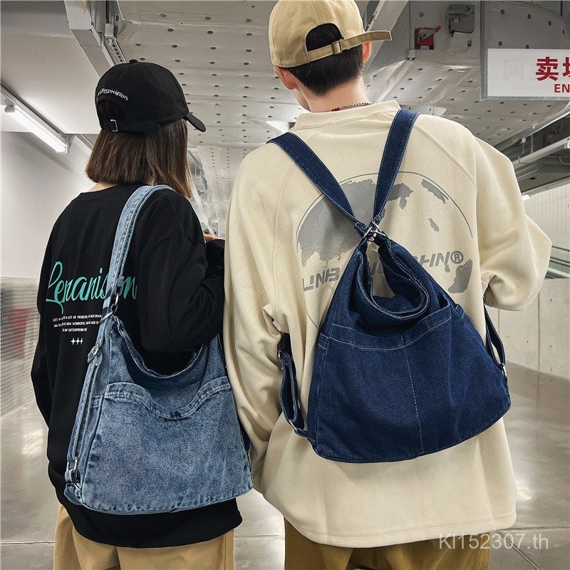 Retro ผู้ชายผู้หญิงกระเป๋าเป้สะพายหลังวรรณกรรมน้ําหนักเบา Harajuku สไตล์ Denim กระเป๋านักเรียนกระเป๋