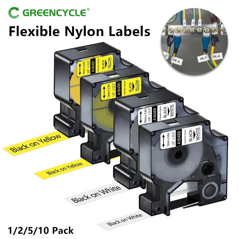 1-10PK A18488 ยืดหยุ่นป้ายไนลอนสําหรับ Dymo 18488 18489 18490 18491 12 มม.สีดําบนเทปสีขาว Dymo Rhino
