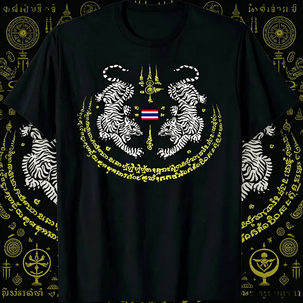 เสื้อยืดผ้าฝ้ายแท้ ลายเสือคู่ยันต์ไทย ธงชาติไทย สไตล์วัฒนธรรมมงคลไทยเท่ๆ แฟชั่นยอดนิยม สำหรับผู้ชายและผู้หญิง S-5XL