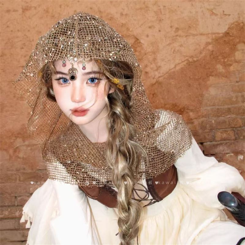 末日废土风沙丘y2k辣妹头巾帽子女凹造型镂空亮片异域妆造6.16 Post-apocalyptic wasteland style dune Y2K hot girl headscarf hat fo