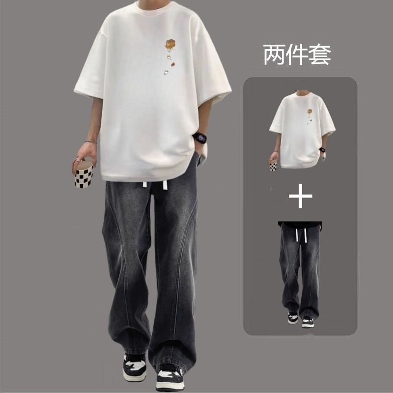 ฤดูร้อนแขนสั้นเสื้อยืดครึ่งผ้าฝ้ายแท้ T535+K37 ชุดยีนส์ S-3XL