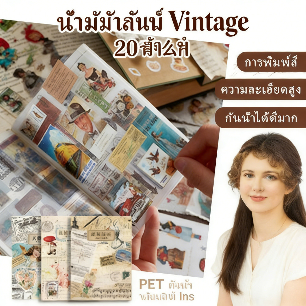 JunkJournal 20sheepts สติกเกอร์หนังสือ Deco วัส PET สไตล์ Ins อุปกรณ์ Vintage DIYScrapbooking