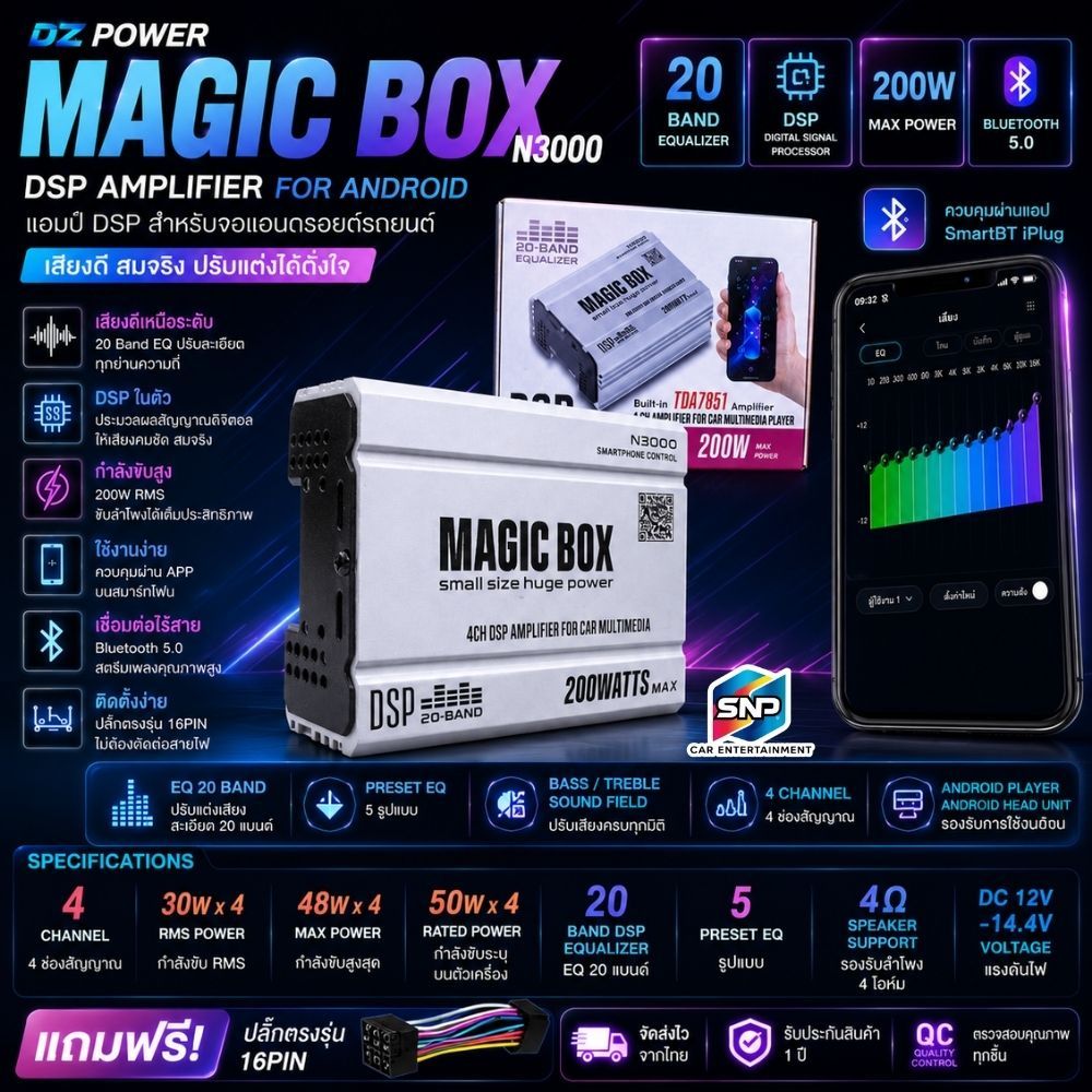 Magic Box N3000 Android Amp แอมป์ DSP 4CH Bluetooth 5.0 ปรับจูนเสียงละเอียดผ่านมือถือ