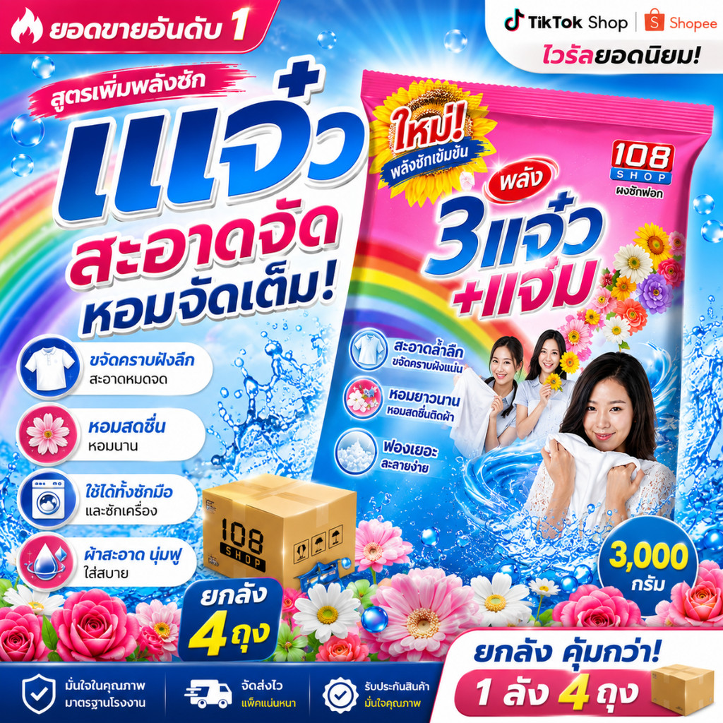 (No live) (AMS) ผงซักฟอก 108shop สูตรเพิ่มพลังซักแจ๋ว 3,000กรัม (ยกลัง 4 ถุง)