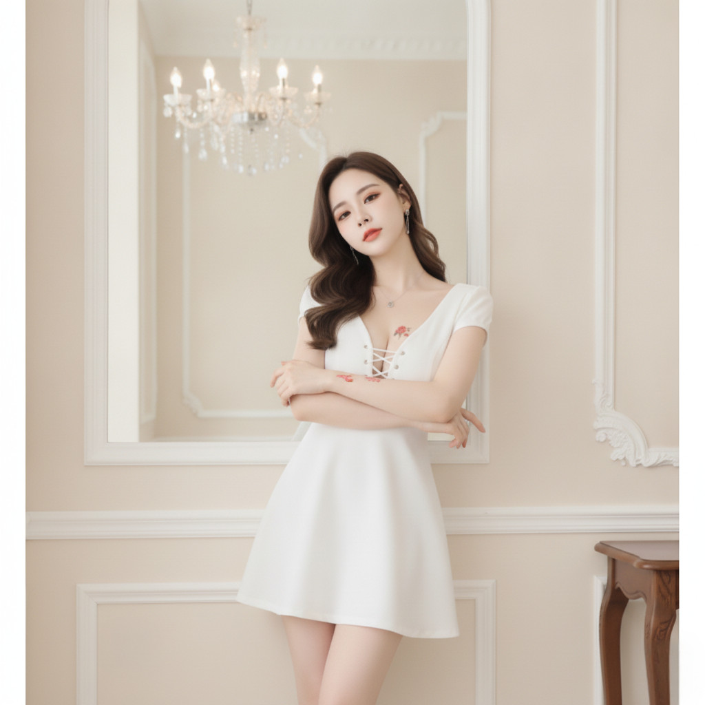 V คอเซ็กซี่แขนสั้นชุด Cross-Laced Slim-Fit Slimmer ดูร่ม Hem Halter สั้นชุด ERD5