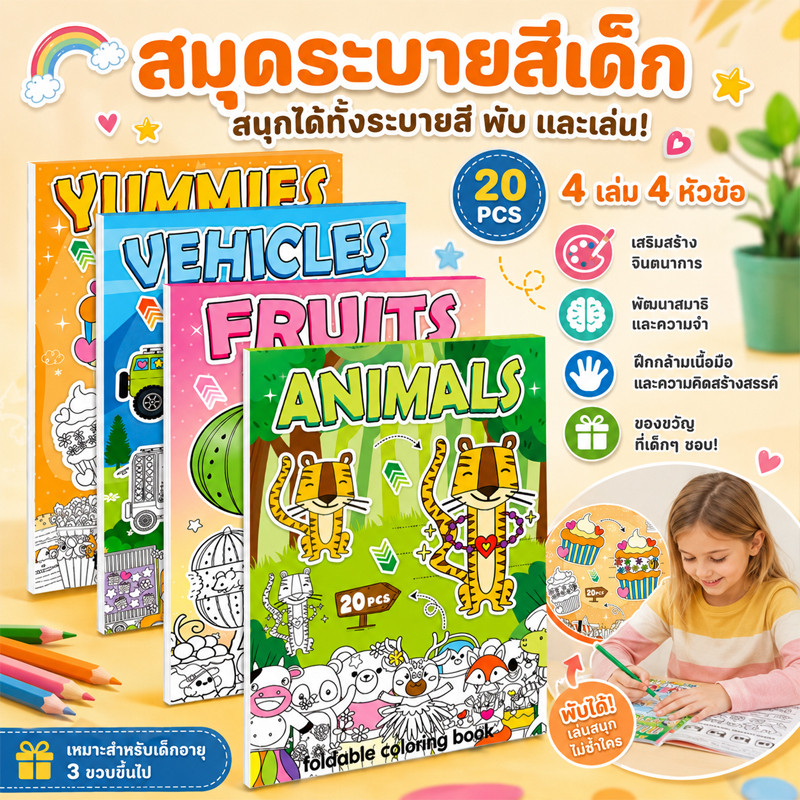 พร้อมส่ง สมุดระบายสีเด็ก 20 แผ่น รูปแบบการ์ตูนน่ารัก DIYสมุดระบายสีเพื่อการศึกษา ของเล่นเพื่อการพัฒนาเด็ก