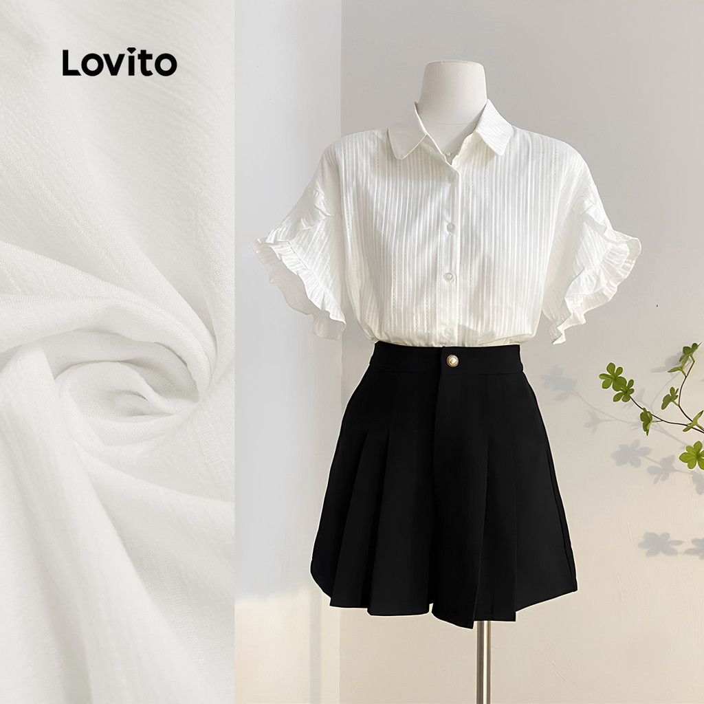 Lovito สง่างาม เสื้อบลูสส์ลายจาคการ์ดดีไซน์ระบาย สำหรับผู้หญิง สีขาว ฤดูใบไม้ผลิ/ฤดูร้อน L142LD441