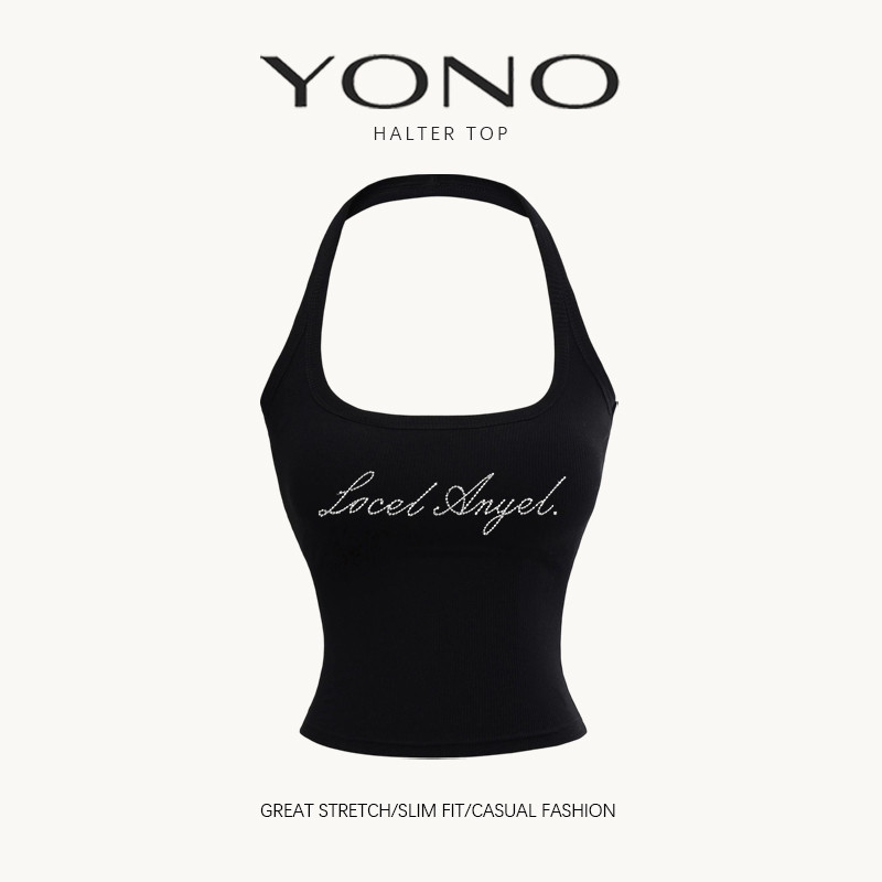 (พร้อมส่ง24ชม.) halter top เสื้อคล้องคอสีดำ ลายตัวอักษรฟอนต์หรู ทรงเข้ารูป ฟีลหวานแซ่บ ใส่ชิค