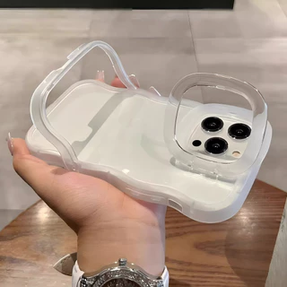 Simple เลนส์โปร่งใสพับวงเล็บเคสโทรศัพท์สําหรับ IPhone 11 16 15 14 Pro Max 12 13 ProMax 16plus ซ่อนขาตั้งผู้ถือกรอบหนากันกระแทก Soft TPU โทรศัพท์ปกหลัง
