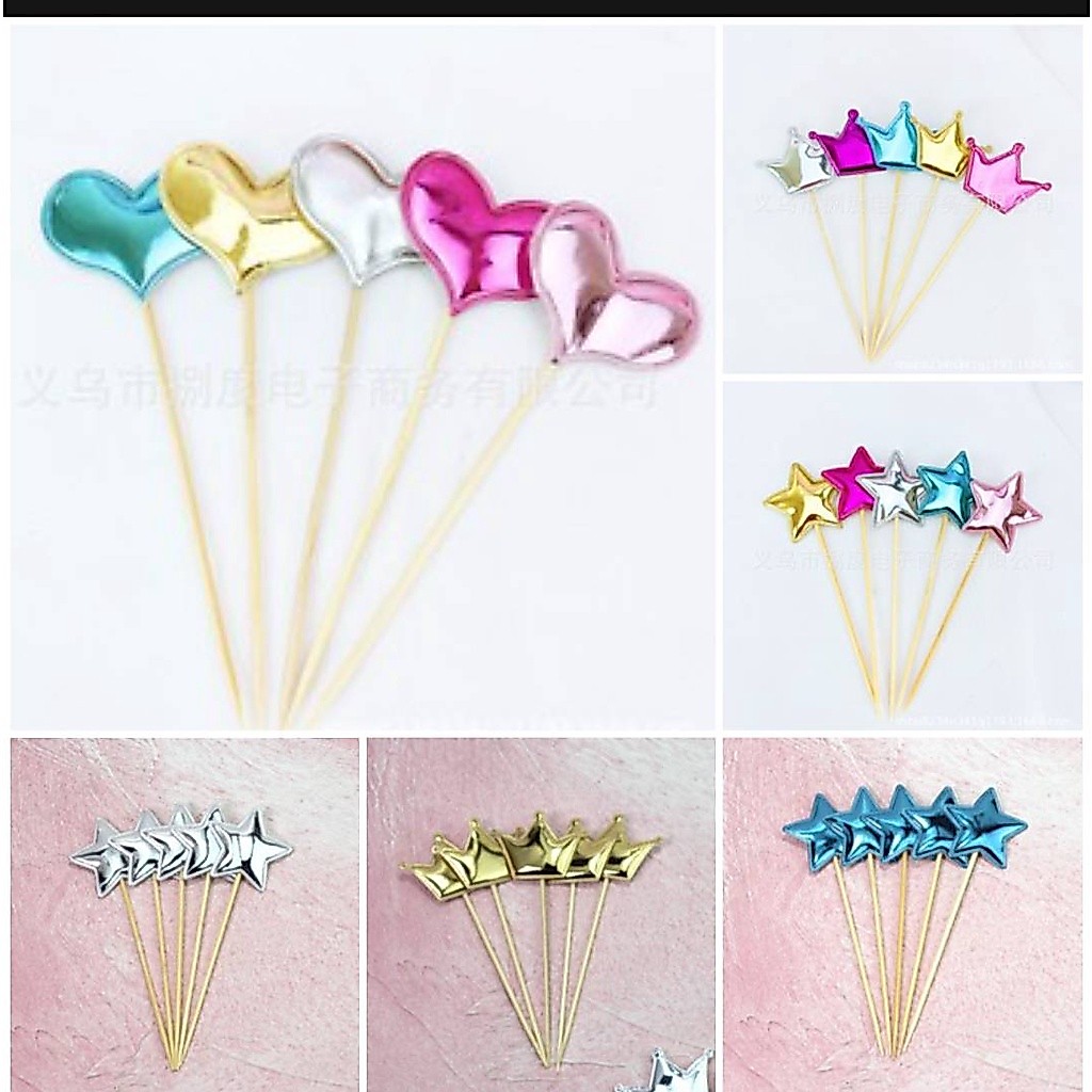 ป้ายปักดาว หัวใจ มงกุฎ ตกแต่งเค้กเลื่อม แพ็ค5ชิ้น