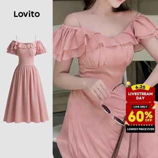 Lovito Elegant Women Dress Ruffle Zipper Spring/summer Pink Dress L171ED230